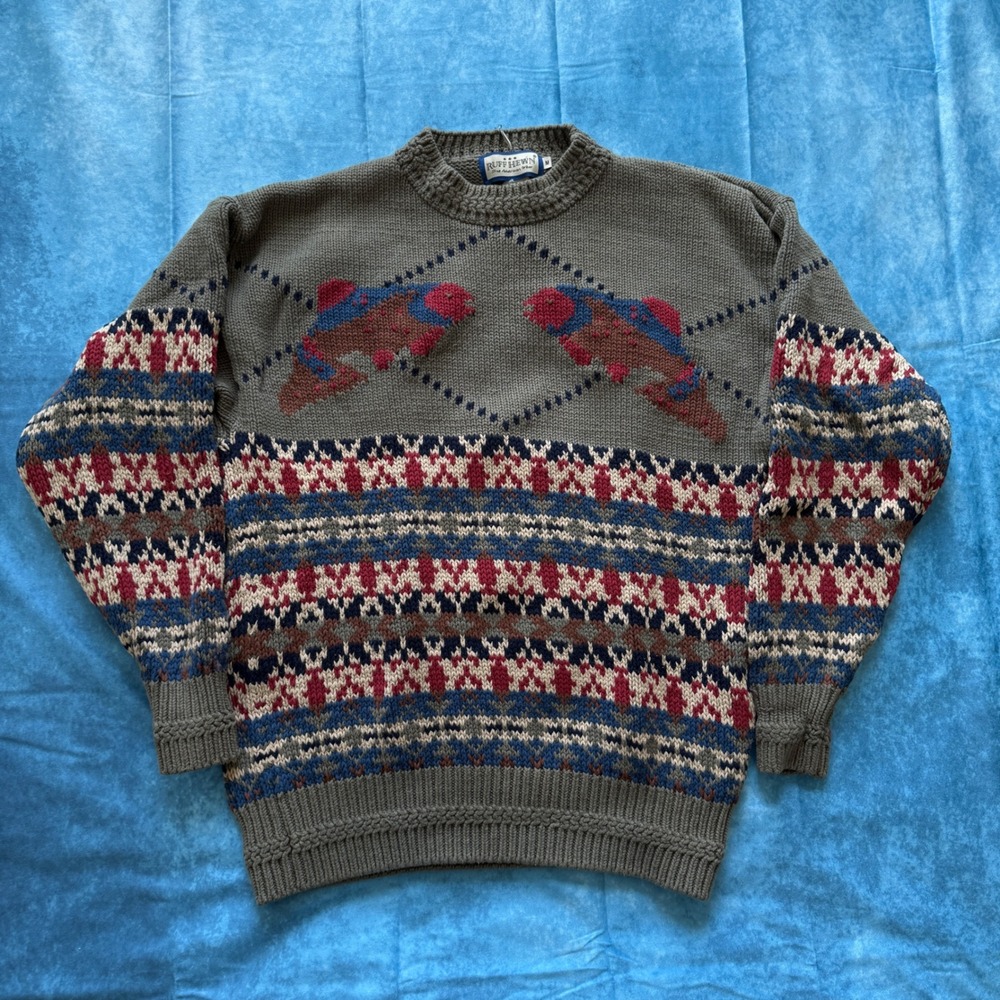 Ruff Hewn Mens Vintage Trout Fish Fair Isle Cotton Knit Sweater Olive Green M